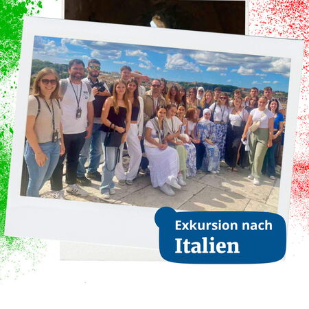 Eine Gruppe junger Menschen genießt eine Exkursion in Italien bei sonnigem Wetter und schöner Aussicht.
