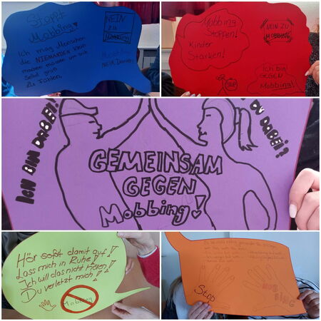Bunte Plakate mit Botschaften gegen Mobbing werden von verschiedenen Personen in einer Collage präsentiert.