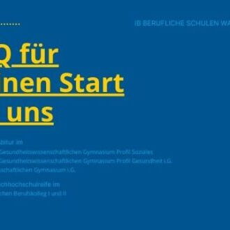 FAQ für deinen Start bei uns: Informationen zu Bildungswegen an den IB Beruflichen Schulen Waiblingen auf blauem Hintergrund.