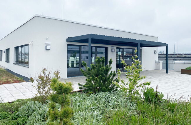Moderne Dachterrasse eines Neubaus mit Pflanzen und Überdachung im Vordergrund, ideal für Entspannung.