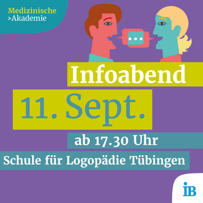 Zwei stilisierte Figuren kommunizieren über Sprechblasen vor Ankündigung eines Infoabends am 11. September für Logopädie.