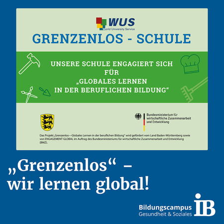 Ein Poster wirbt für die "Grenzenlos-Schule", die sich für globales Lernen in der beruflichen Bildung engagiert.