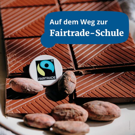 Kakaobohnen und Schokolade mit dem Fairtrade-Logo symbolisieren den Weg einer Schule zur Fairtrade-Zertifizierung.