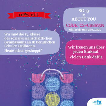 Ein bunter Einkaufskorb mit Konfetti, Rabattcode und Informationen des sozialwissenschaftlichen Gymnasiums Heilbronn.