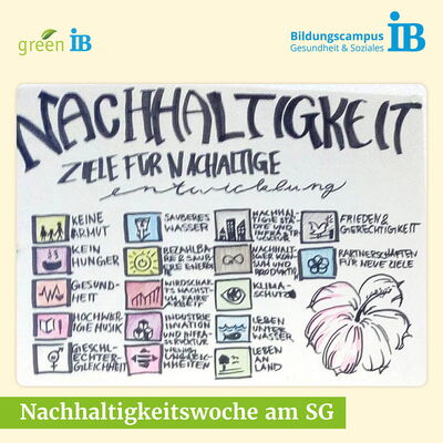 Ein handgezeichnetes Plakat zeigt Ziele für nachhaltige Entwicklung mit verschiedenen Symbolen und Schlagwörtern.