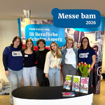 Sechs junge Menschen stehen am Messestand der IB Berufliche Schulen Asperg und präsentieren ihre Angebote. | © IB