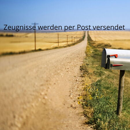 Ein einsamer Briefkasten steht an einer langen Landstraße, während Zeugnisse per Post versendet werden.
