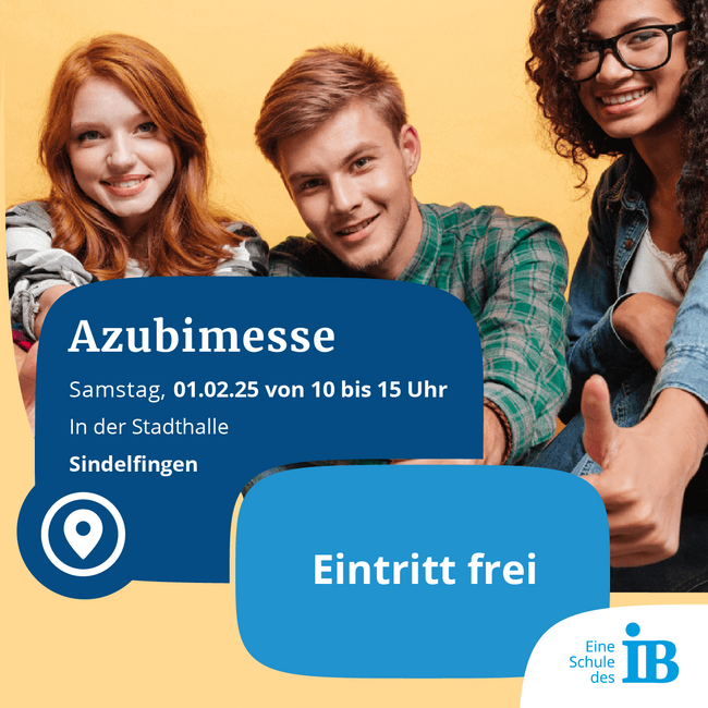 Drei junge Erwachsene lächeln vor einem gelben Hintergrund zur Werbung für die Azubimesse in Sindelfingen.
