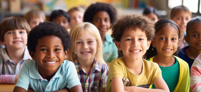 Eine Gruppe lächelnder Kinder sitzt in einem Klassenzimmer und schaut fröhlich in die Kamera.