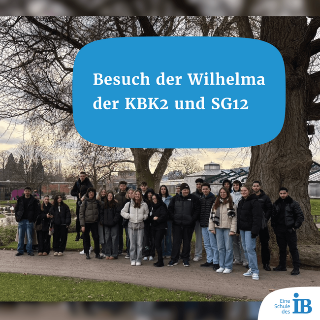 Eine Gruppe von Schülern besucht im Winter die Wilhelma und posiert lächelnd vor einem großen Baum im Park.