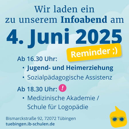 Einladung zum Infoabend am 4. Juni 2025 mit Programmpunkten zur Jugend- und Heimerziehung sowie zur Logopädie.