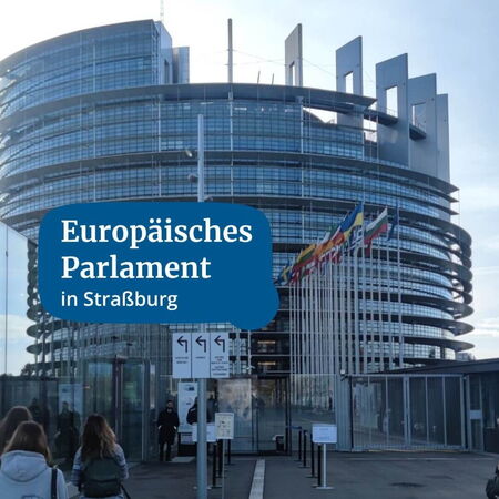 Das Europäische Parlament in Straßburg mit wehenden Flaggen und Besuchern am Eingang.