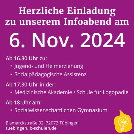 Einladung zu einem Infoabend am 6. November 2024 in Tübingen mit Programmpunkten ab 16:30 Uhr.