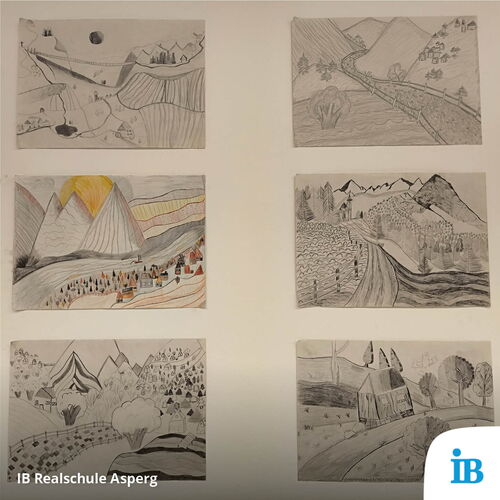 Sechs Landschaftszeichnungen hängen an der Wand, ausgestellt zum Tag der offenen Tür an der IB Realschule Asperg.