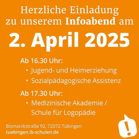Einladungsplakat zu einem Infoabend am 2. April 2025 in Tübingen, mit Themen zu Jugendhilfe und Logopädie.