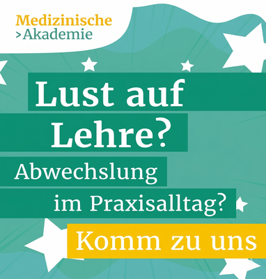 Buntes Plakat der medizinischen Akademie in Tübingen, das zur Lehrtätigkeit im Praxisalltag einlädt.