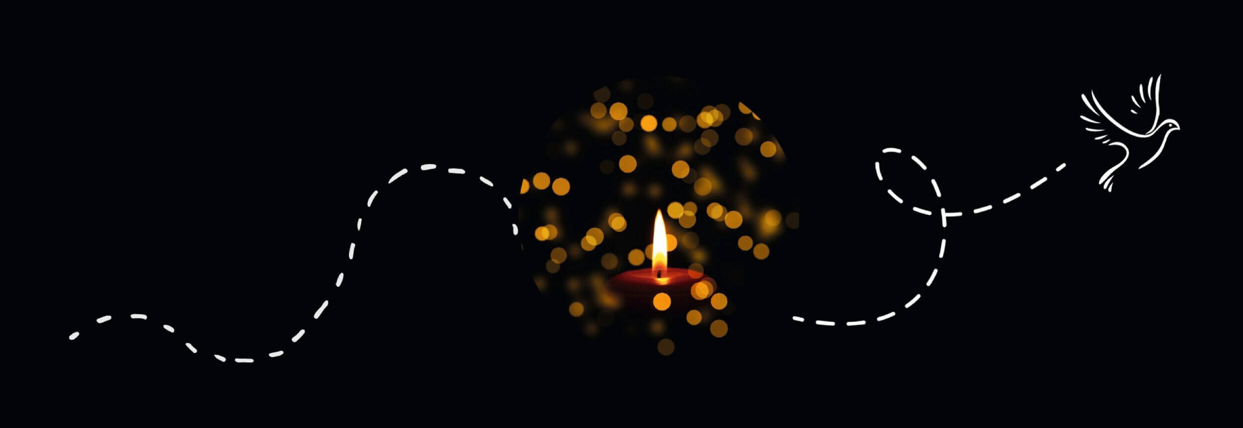 Eine rote Kerze leuchtet in der Dunkelheit, umgeben von goldenen Lichtern und einer gezeichneten weißen Taube.
