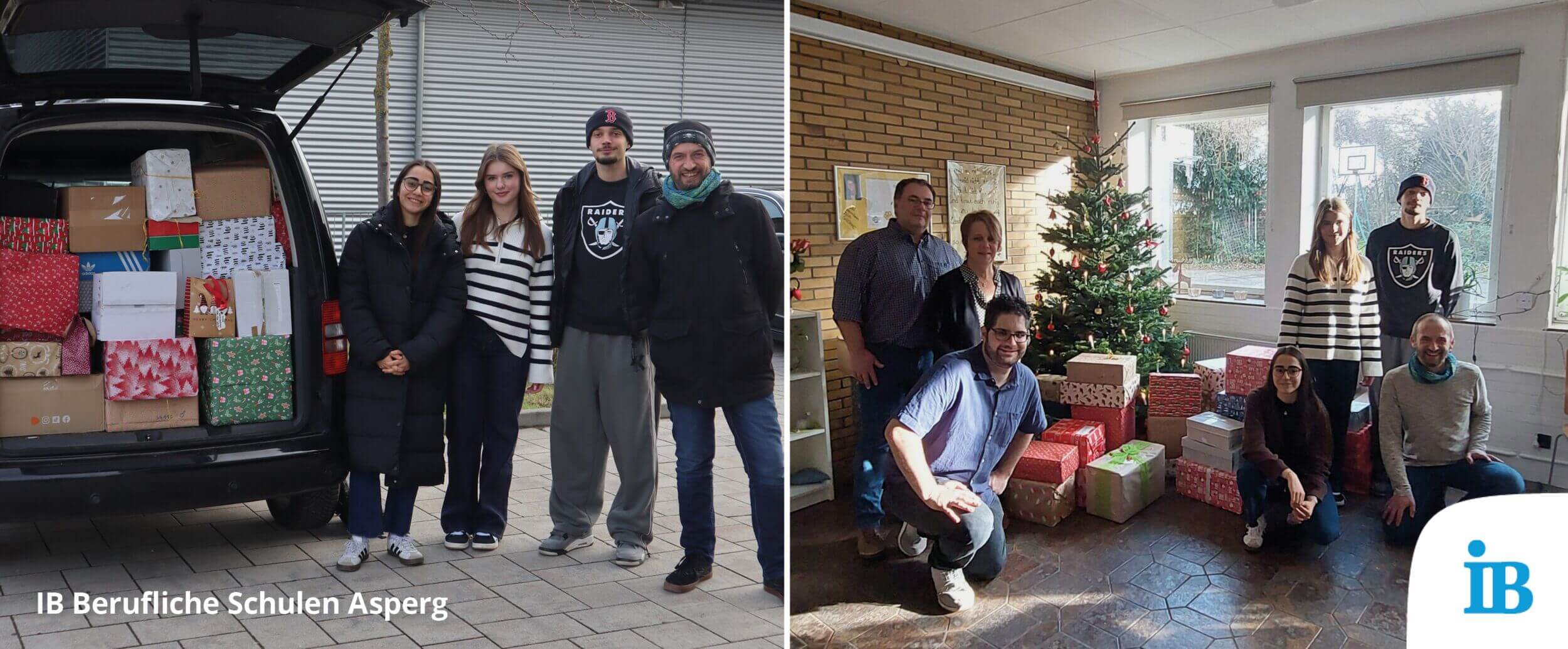 Eine Gruppe von Menschen steht neben einem Auto voller Geschenke und einem geschmückten Weihnachtsbaum im Johannes-Falk-Haus.
