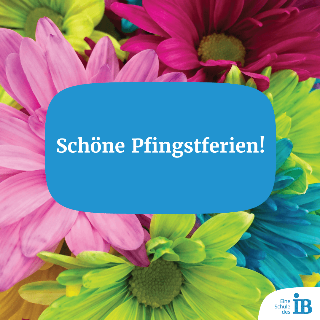 Bunte Blumen umrahmen einen blauen Gruß mit der Aufschrift "Schöne Pfingstferien!" auf einem Schulplakat.