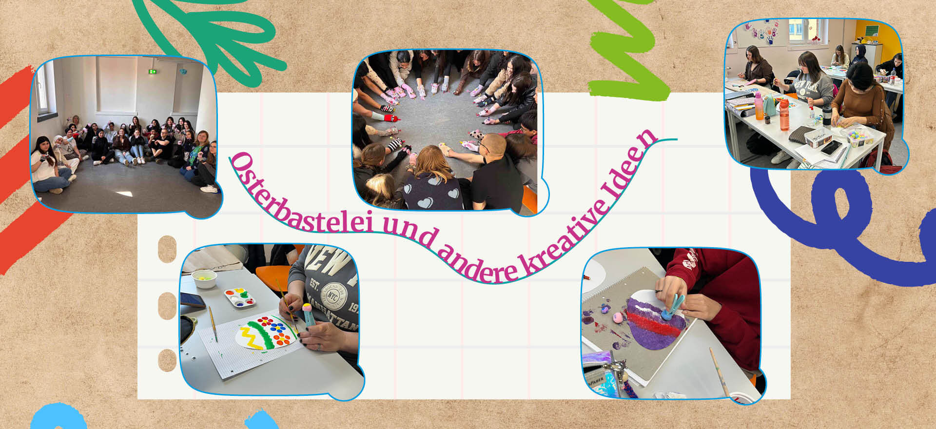 Mehrere Gruppen basteln und malen gemeinsam kreative Osterideen in einem Workshop.