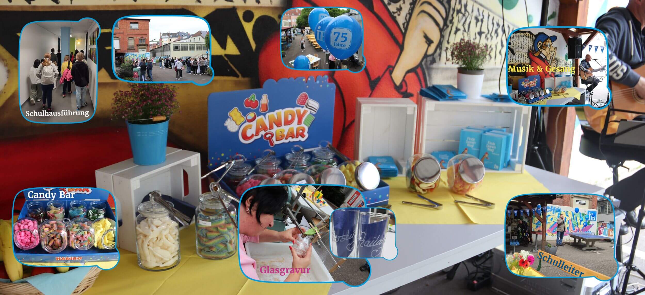 Ein Tisch mit einer Candy Bar und mehreren Fotos zeigt die Aktivitäten eines Schulfests, darunter Führungen und Musik.
