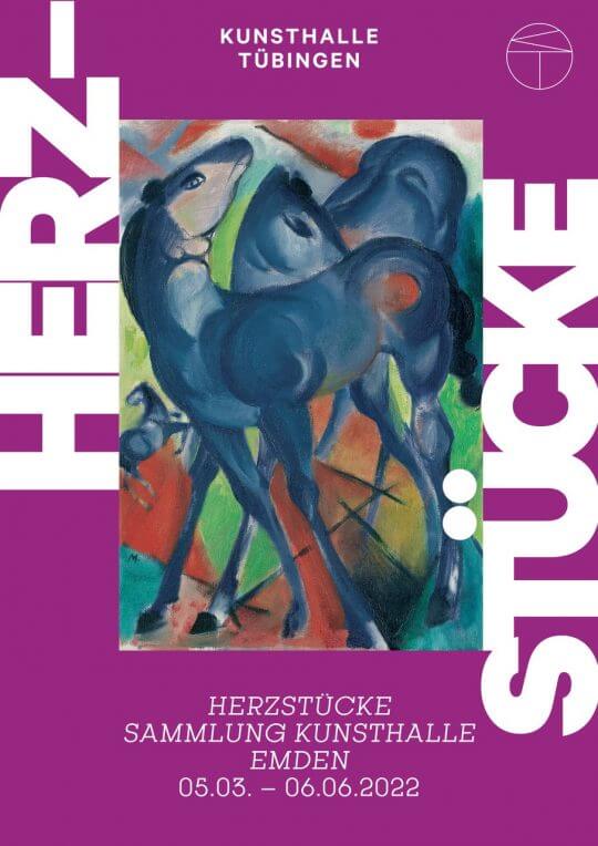 Ein Plakat der Kunsthalle Tübingen zeigt ein expressionistisches Gemälde mit Pferden aus der Ausstellung "Herzstücke".