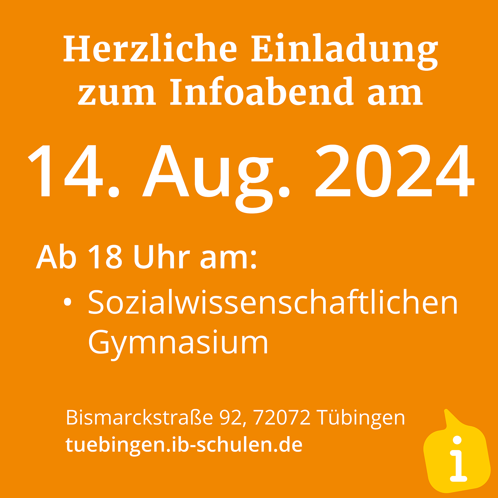 Einladungsbild für einen Infoabend am 14. August 2024 im Sozialwissenschaftlichen Gymnasium, Tübingen.