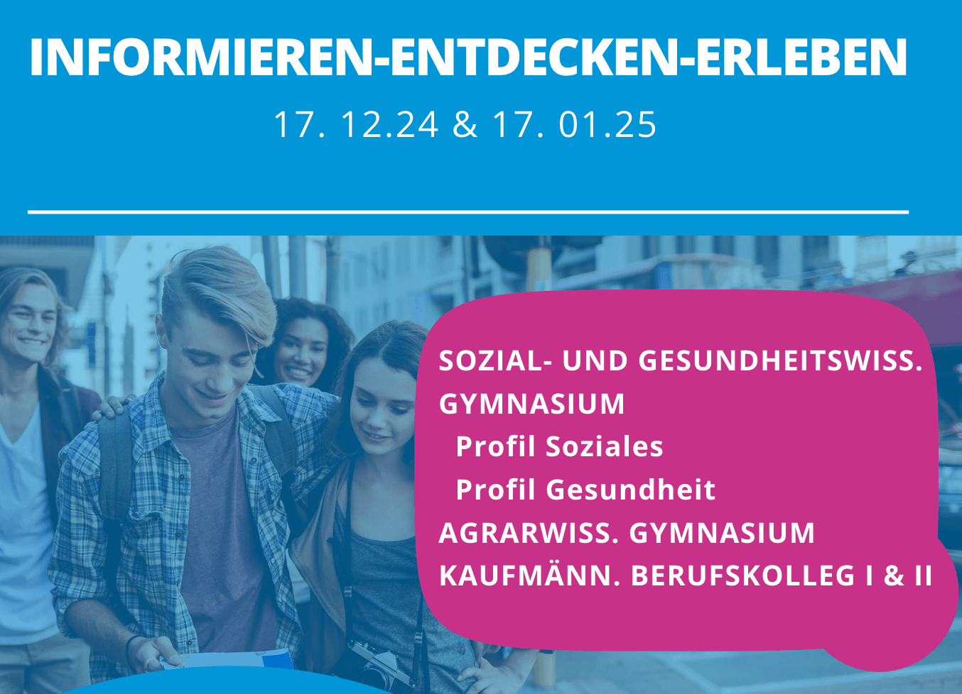 Junge Menschen erkunden gemeinsam Informationen über verschiedene Bildungswege auf einer farbenfrohen Infografik.