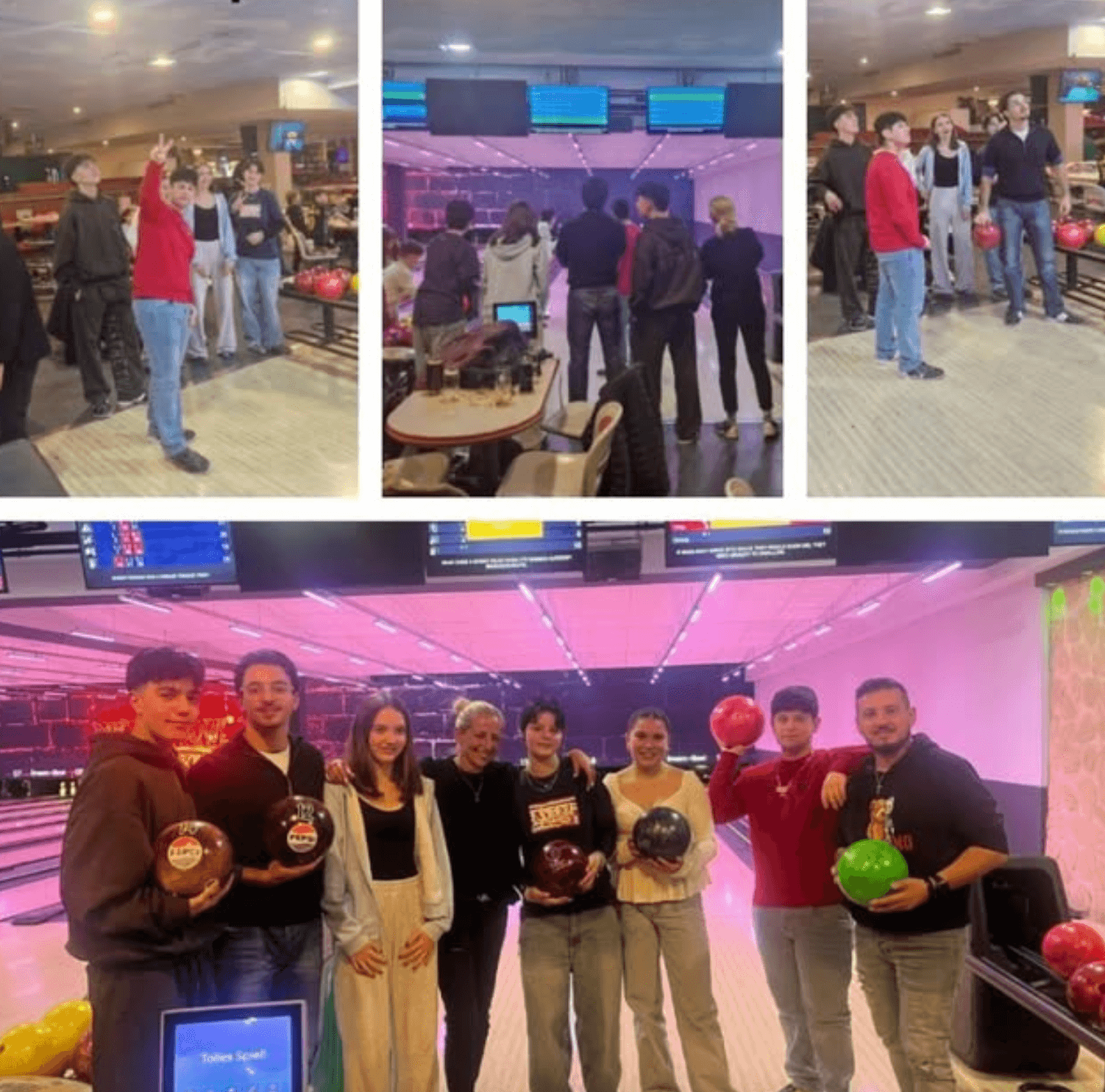 Eine Gruppe junger Leute genießt einen Bowlingabend in einer bunt beleuchteten Halle, während sie freudig posieren.