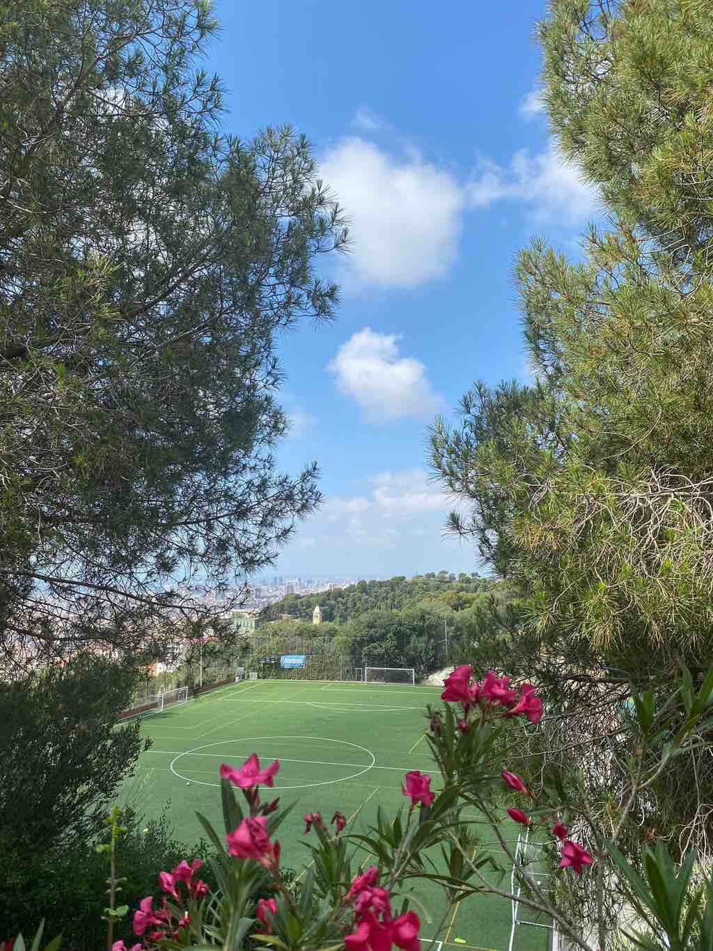 Ein Fußballfeld in Barcelona ist von Bäumen und blühenden Blumen unter einem klaren blauen Himmel umgeben.