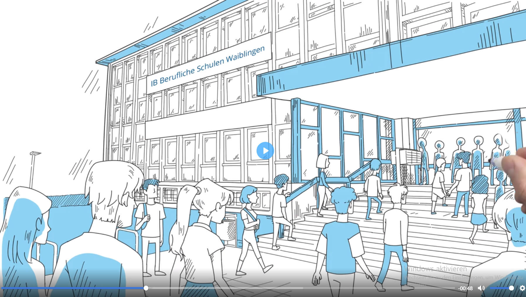 Menschen betreten die IB Berufliche Schulen Waiblingen, während eine Hand die Szene in einem Cartoon-Stil zeichnet.
